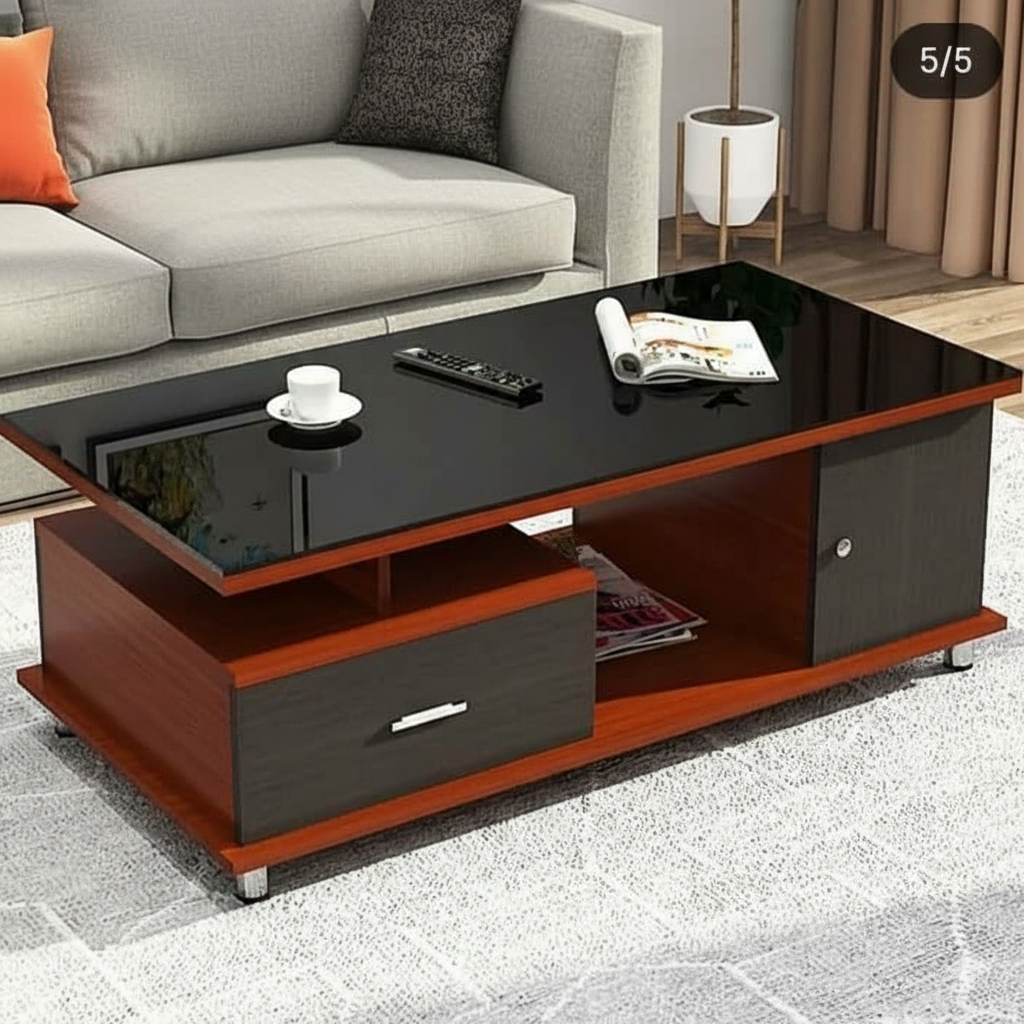 Modern Dual-Tone Coffee Table with Black Glass Top & Storage Drawer